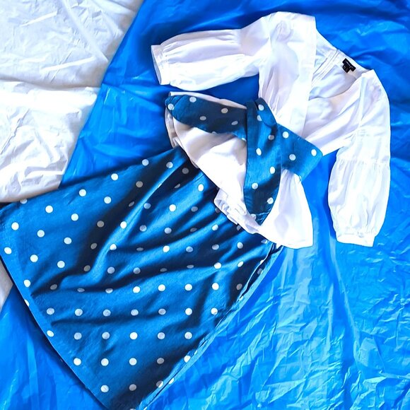 Tops - BLUE COTTON MIDI SASH BELTED POLKA DOT, SKIRT, S, W/WHITE PEPLUM COTTON BLOUSE